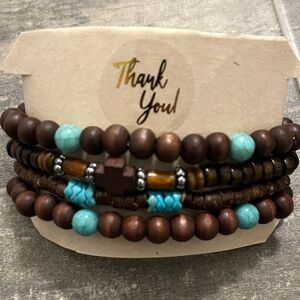 Turquoise and Brown Wood Beaded Wrap Bracelet - Women